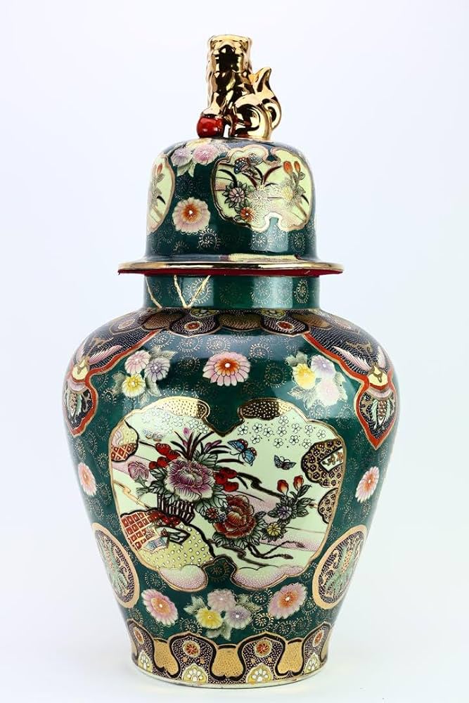 引取限定】花柄金箔装飾の蓋付き陶器壺 高さ1m 引取限定】花柄金箔装飾