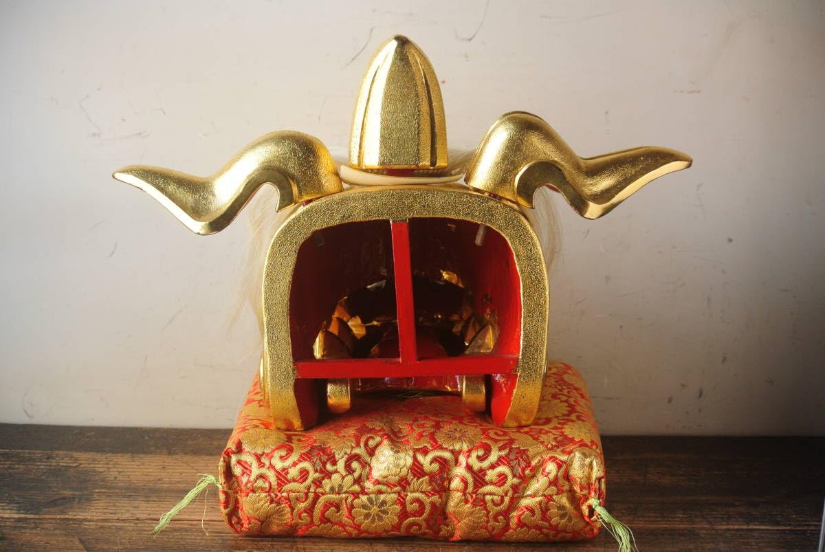 治】井波彫刻『横山白汀』作 一刀彫 鍍金獅子頭☆共箱 床飾り 獅子舞 木彫