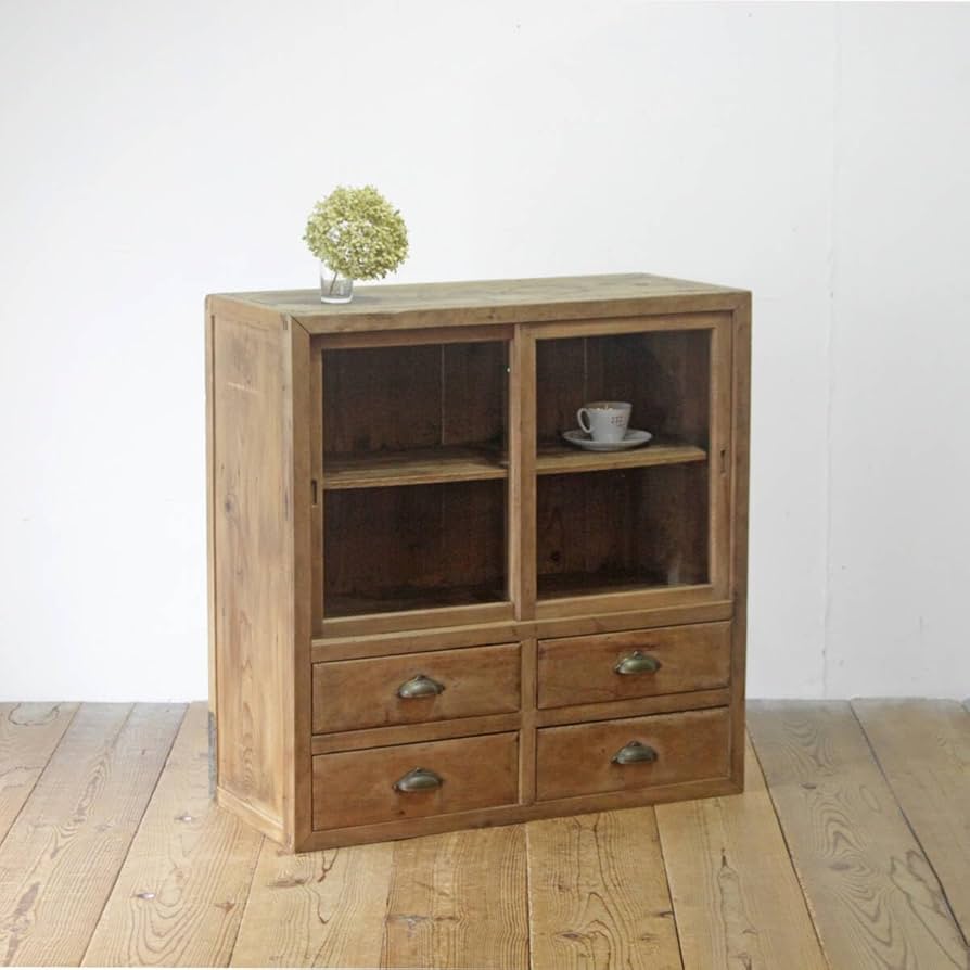 昭和レトロ 古家具 モザイクガラス戸 木製キャビネット 食器棚 サイド