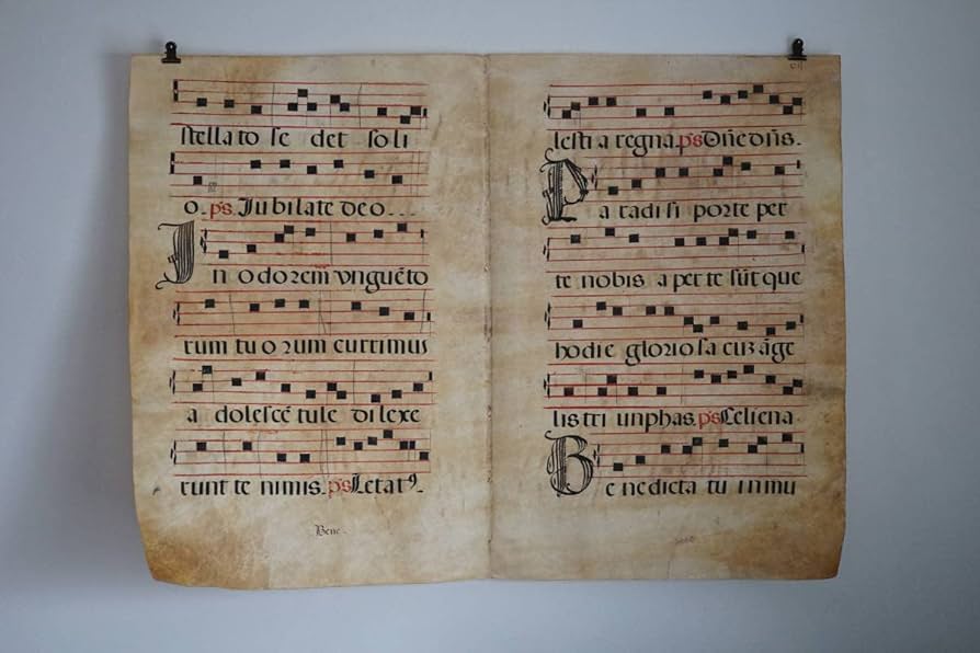 Amazon.co.jp: グレゴリオ聖歌 ネウマ譜 羊皮紙楽譜 見開頁 / 15世紀