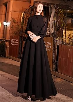 Amazon.co.jp: パーティードレス ロング 袖あり 長袖 ロングドレス 黒