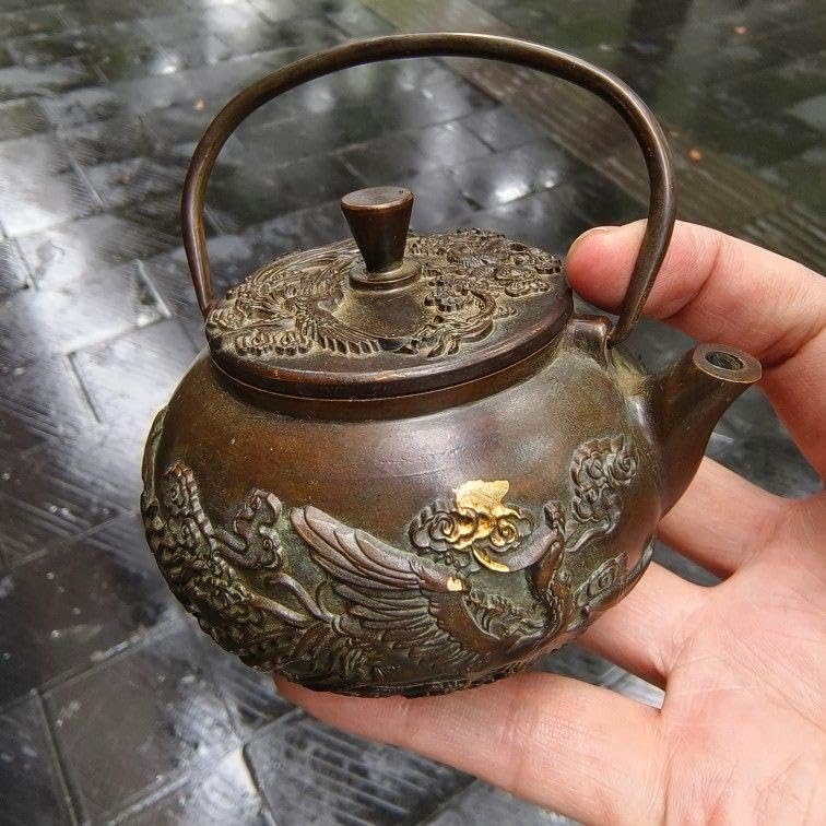 銅 細工 龍鳳提梁壺 茶壺 酒壺 茶道具 工芸品 美術品 置物 龍鳳提梁壺