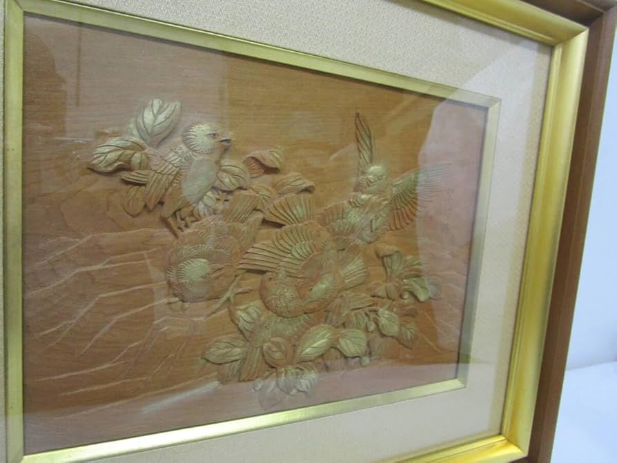 Amazon.co.jp: 【風流庵】『飾り額』彫刻家平尾翠邦作木彫小鳥五羽額縁
