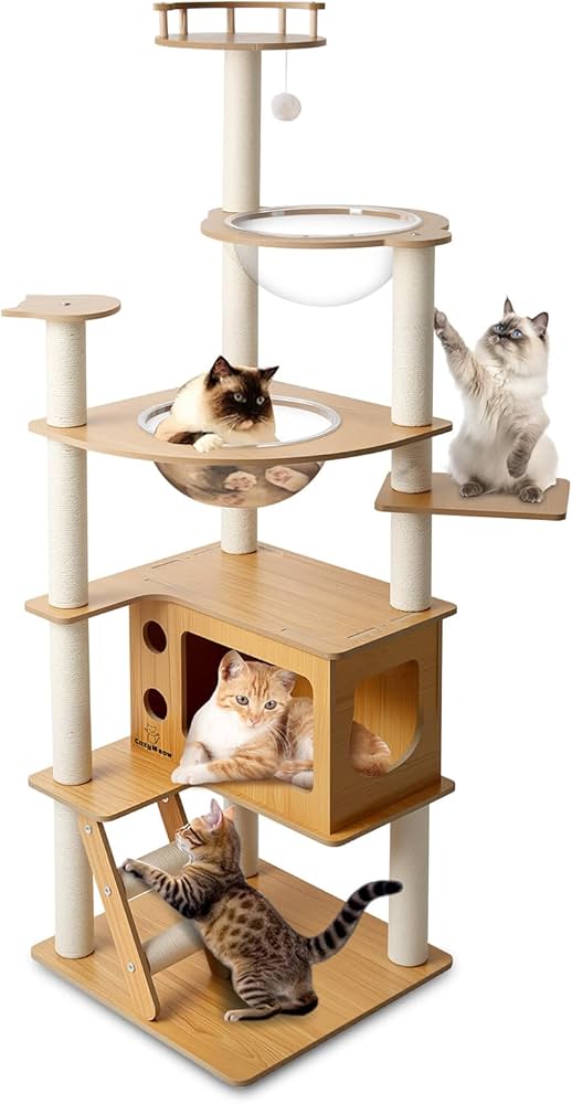 Amazon | [CozyMeow] キャットタワー 木製 スリム 宇宙船 据え置き 厚