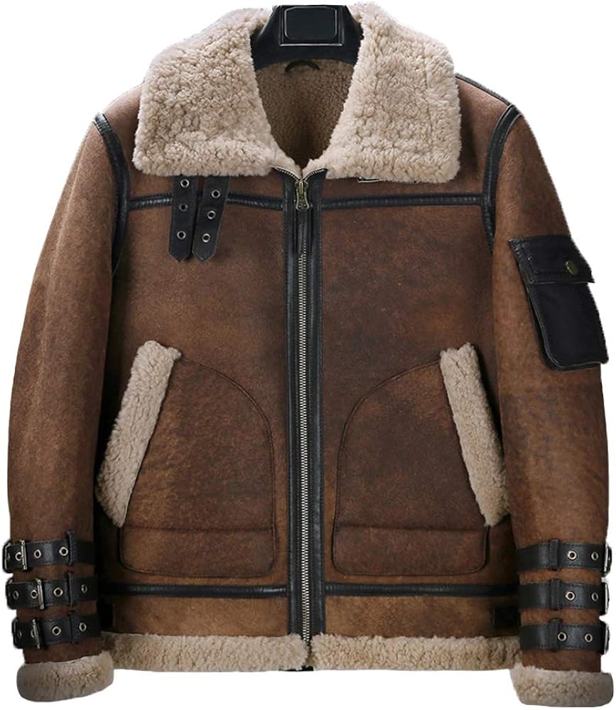 New Mens Brown Shearling Jacket B3 Flight Jacket Short Fur Coat