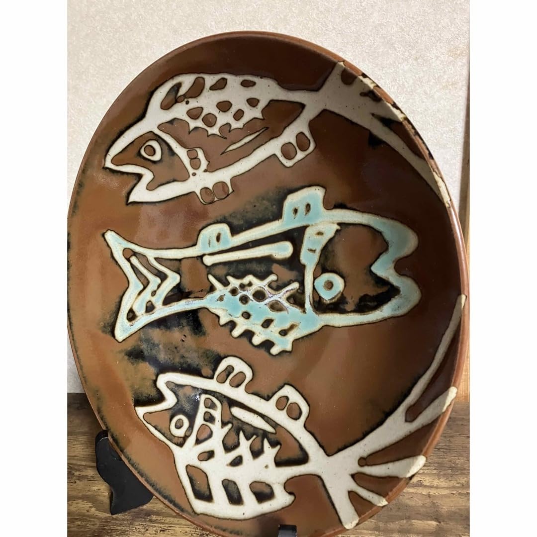 陶芸家 人間国宝 濱田庄司 浜田庄司 柿釉 抜絵 皿 大皿 飾り皿