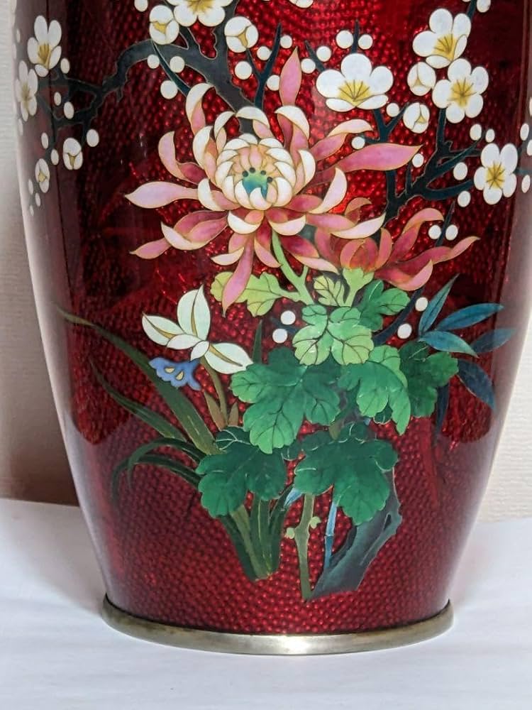 七宝焼 赤透釉 薔薇文 花瓶 唐木台・時代箱付 V R9466 七宝焼 赤透釉