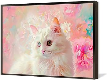 Amazon.co.jp: 絵画 ピンクの花の背景を持つかわいい白猫 アートパネル