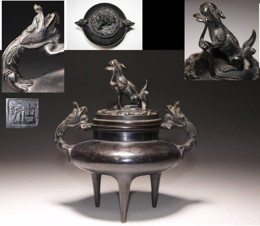 銅製:獅子蓋龍脚香炉 【公式通販】