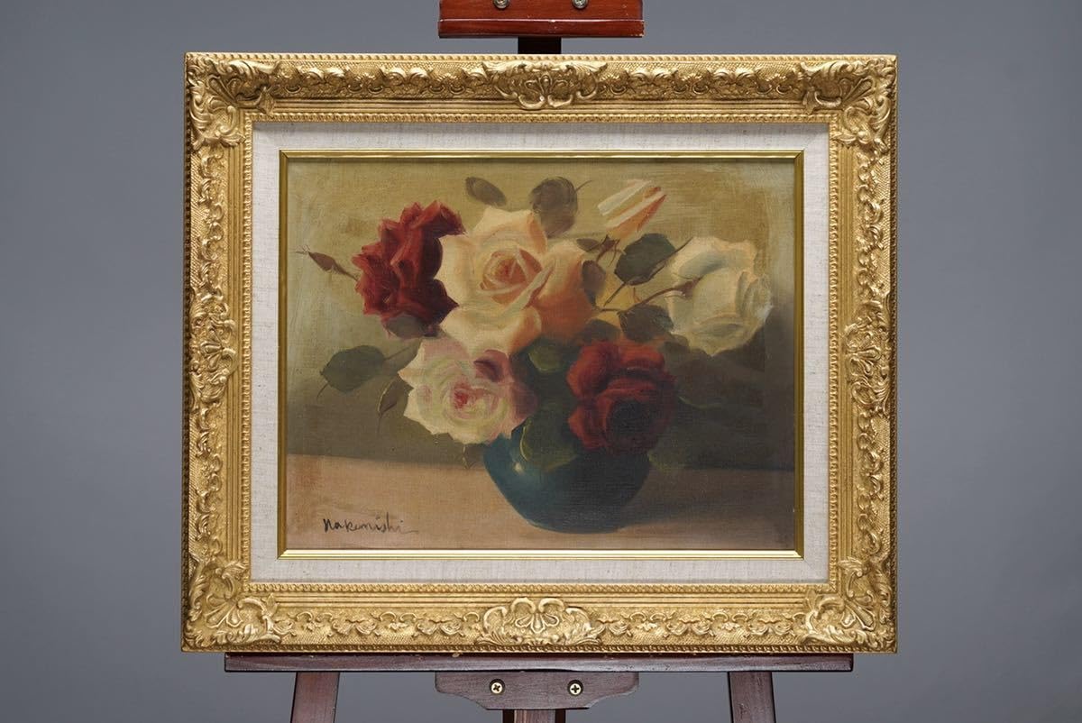 中西利雄 薔薇 油彩 薔薇 ばら バラ 古い油絵 キャンバス 額装品 中西