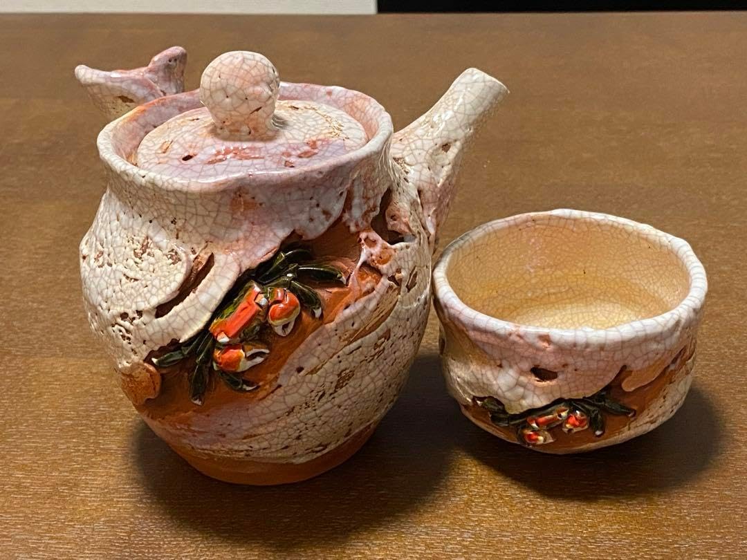 楽山焼 天神蟹煎茶器揃 急須 湯呑み 蟹細工 愛媛 楽山焼 蟹 湯呑み
