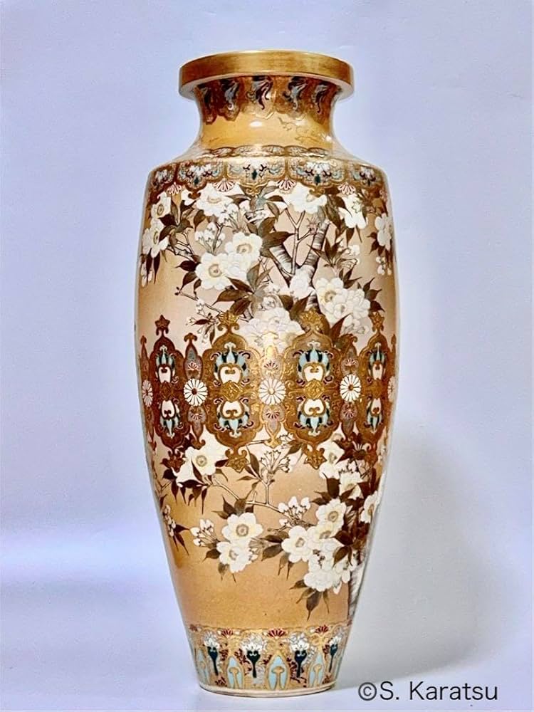 日本伝統』薩摩焼 金彩色絵松鷹花鳥紋 花瓶高26cm煎茶道具 骨董