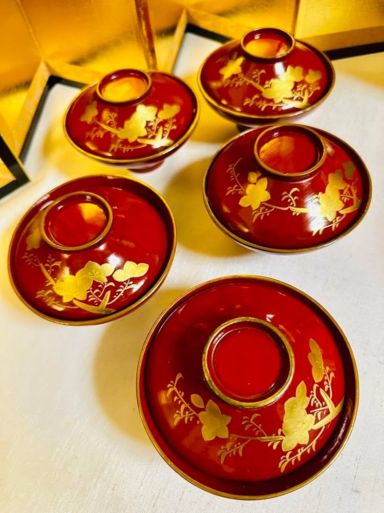 輪島塗木製お椀吸物椀本金骨董時代蒔絵 5脚G53