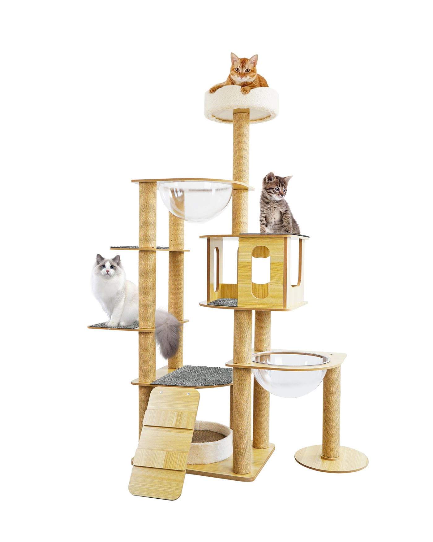 木製多層キャットタワー 透明ボウル付き