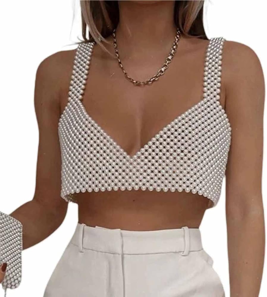 Women Sexy Pearls Beaded Cami Top Pearl Crop Top Spaghetti Strap