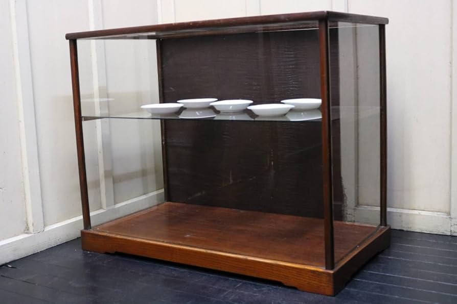 アンティーク黒色の木枠ガラスケースショーケース棚レトロ古道具店舗什器