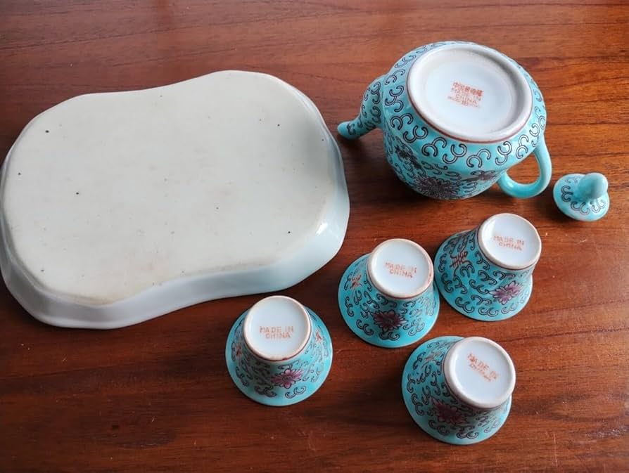 中国 景徳鎮製 闘彩蝶文 急須＆煎茶碗五客セット 無傷