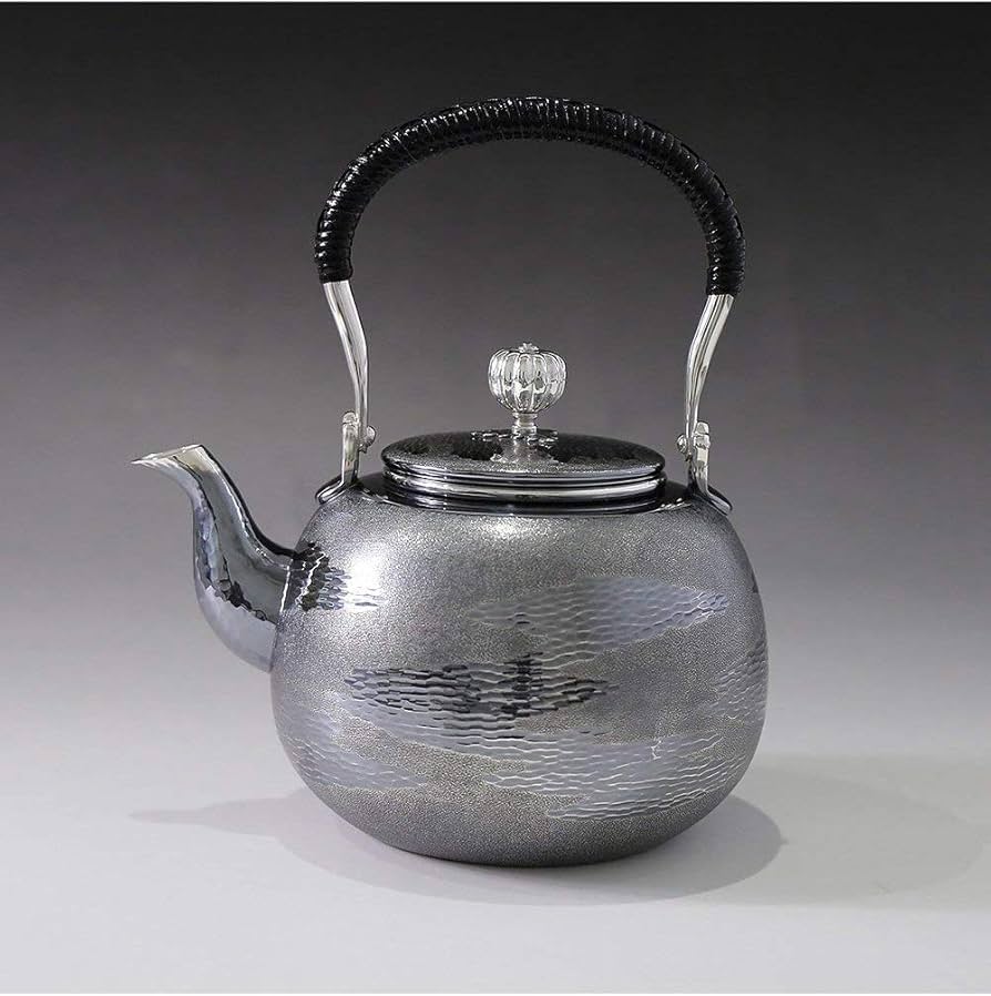極上純銀製 仙鶴雲花文様 高工芸 湯沸 銀瓶 煎茶道具 重量1521g 極上