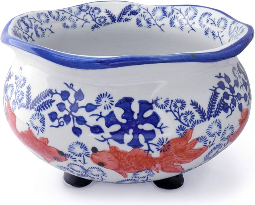 和 アジアン 青緑色 花模様 丸型 水槽 陶器 金魚 メダカ 和 アジアン