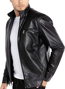 WULFUL Men's Stand Collar Leather Jacket Motorcycle Lightweight