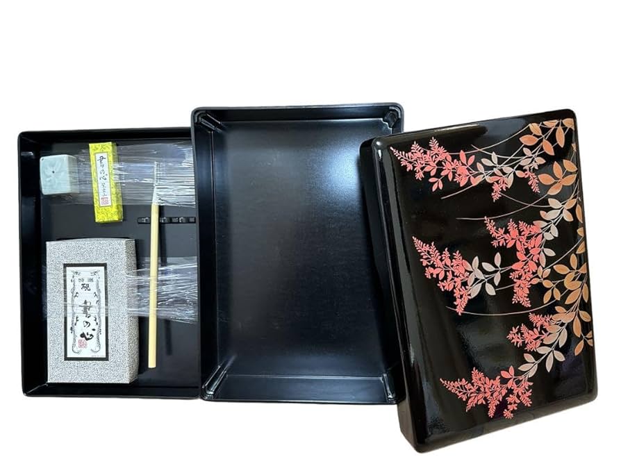 昭和レトロ 会津塗 漆塗 溜山茶花 文箱 硯箱 書道箱 習字道具入れ