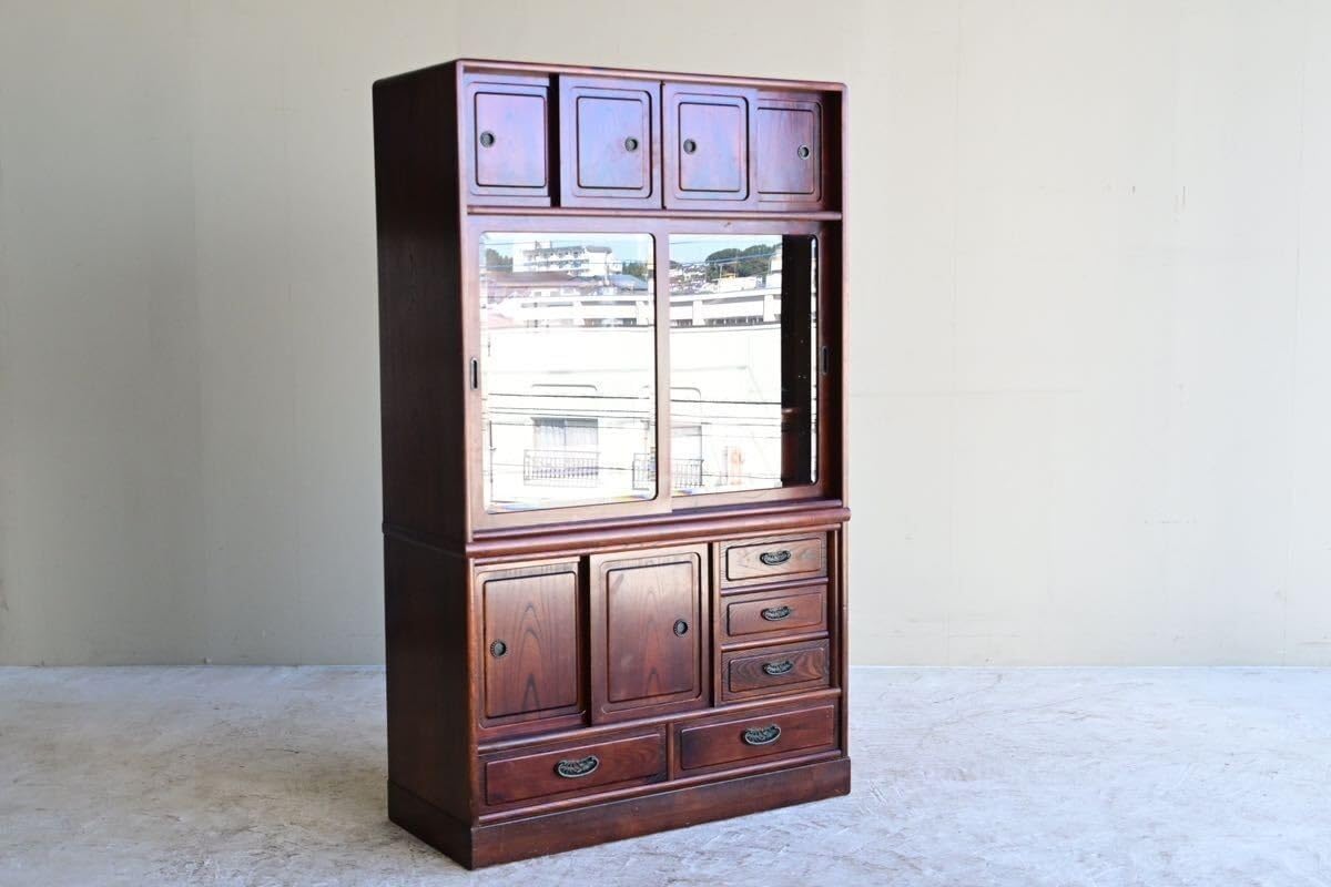 古い茶棚 違い棚付ガラス戸棚 箪笥 置き水屋 収納棚