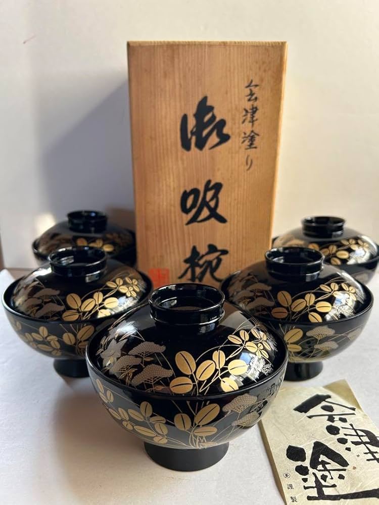 Amazon.co.jp: 会津塗 秀峰漆房 秋草 金蒔絵 漆器 吸物椀 五客 お正月