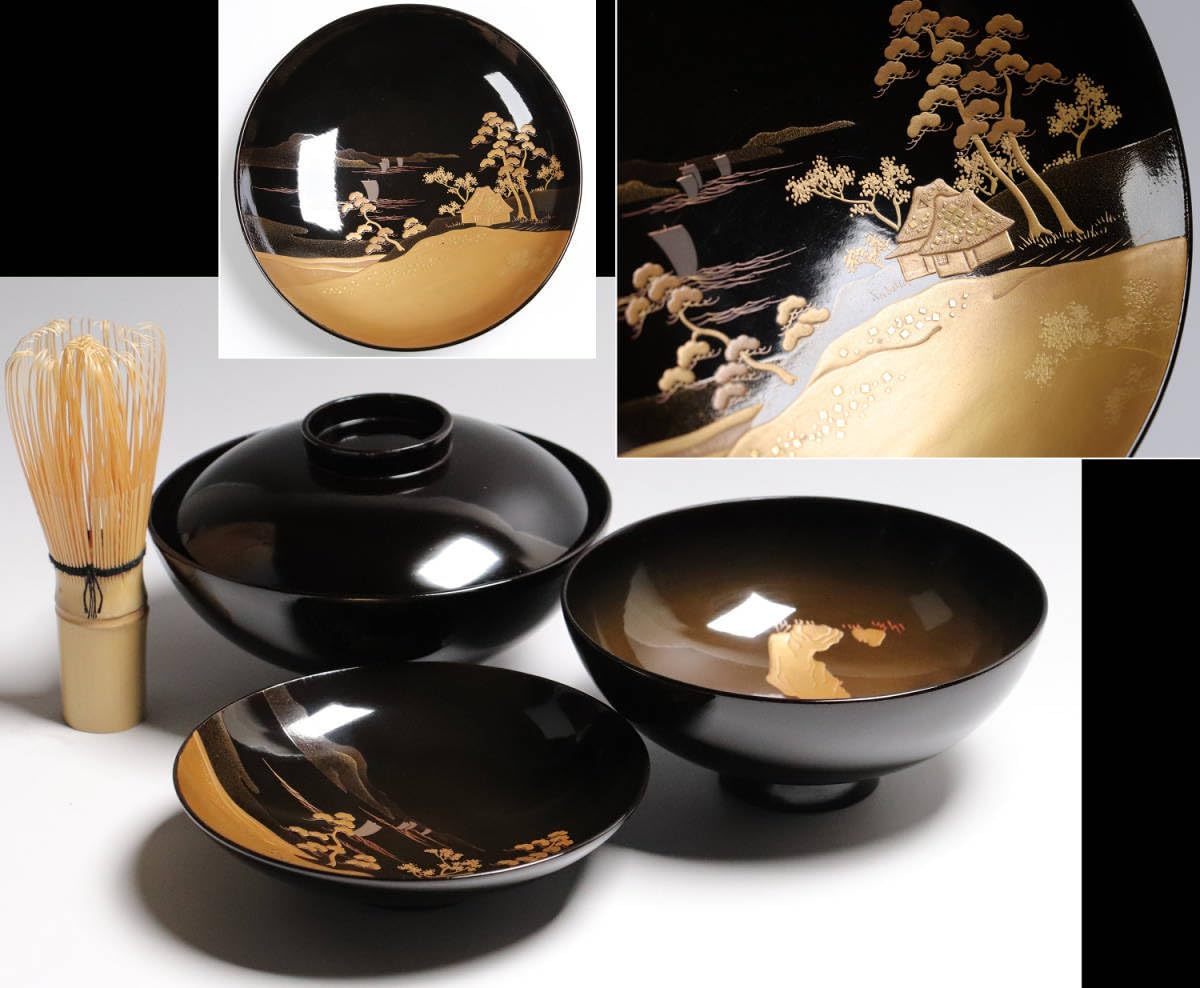 輪島塗 木製 本漆器 蒔絵縁金 沈金牡丹懐石椀