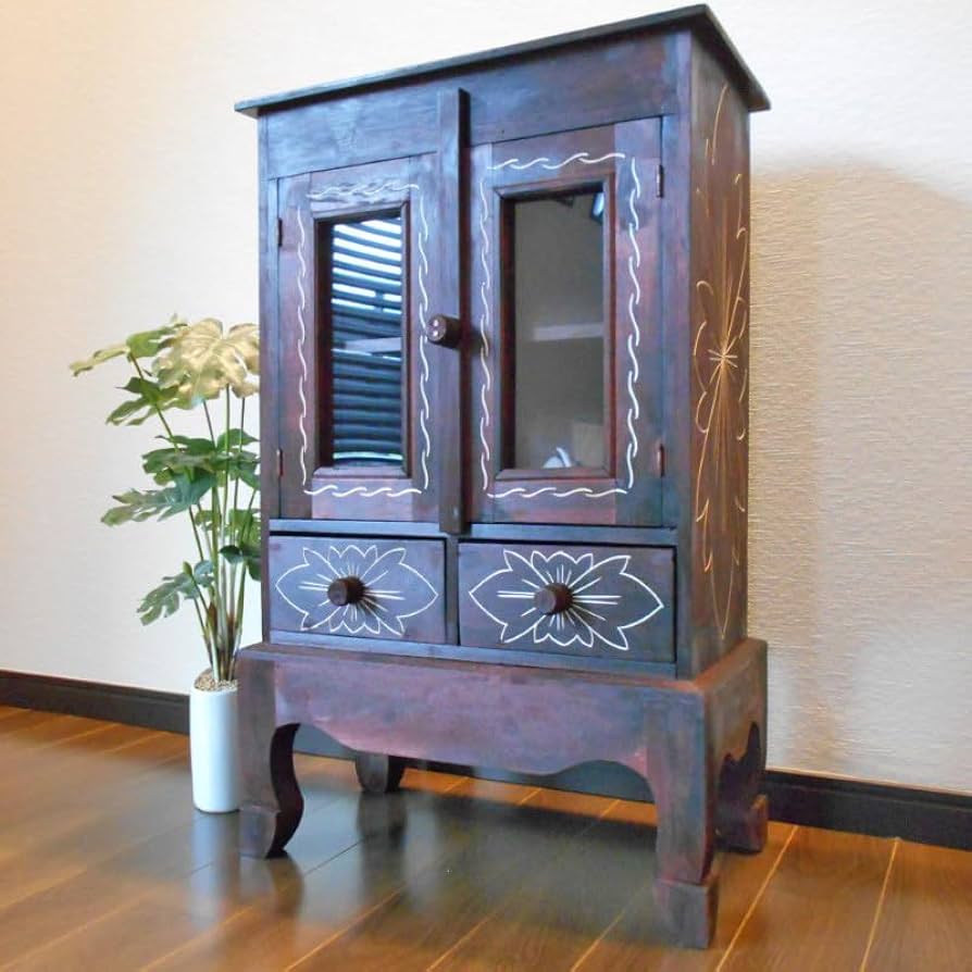 Amazon.co.jp: アジアン家具 バリ家具 花柄模様 猫足 キャビネット