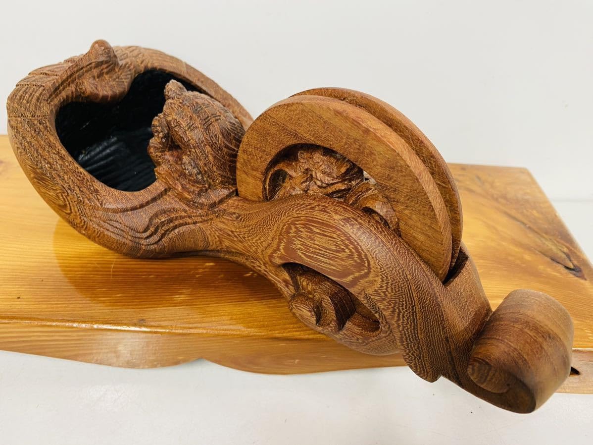大型 墨壷(成孝作)全長61cm 木製 鶴亀龍彫刻 装飾墨壺 宮大工 大工道具