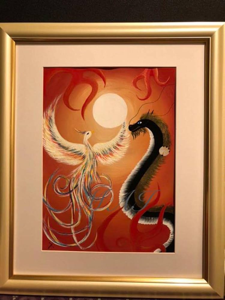 Amazon.co.jp: 黒龍 鳳凰 太陽 開運絵画 スピリチュアルアート 原画