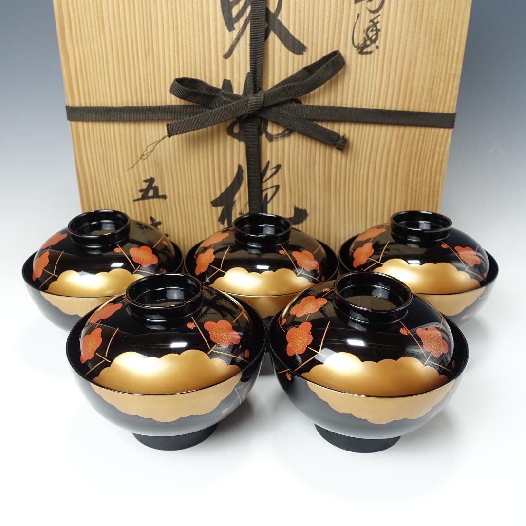 輪島塗 黒塗 梅花蒔絵 吸物椀 5客 共箱 輪島塗 黒塗 梅花蒔絵 吸物椀 5