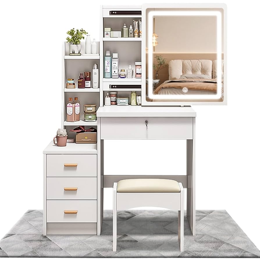 本日限定】ドレッサー コンパクト 白 3色LED ライト収納沢山 化粧台