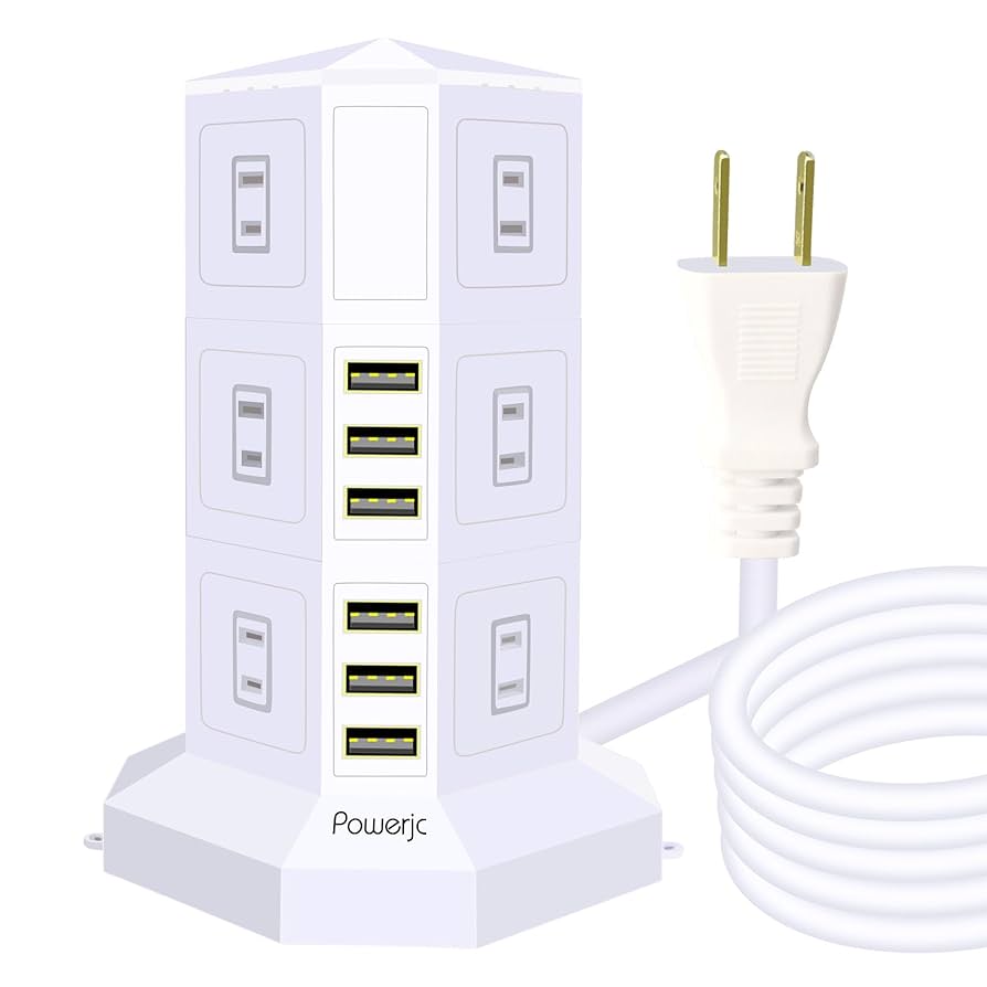 電源タップ タワー式 6USB 8コンセント 急速充電 雷ガード 過負荷保護