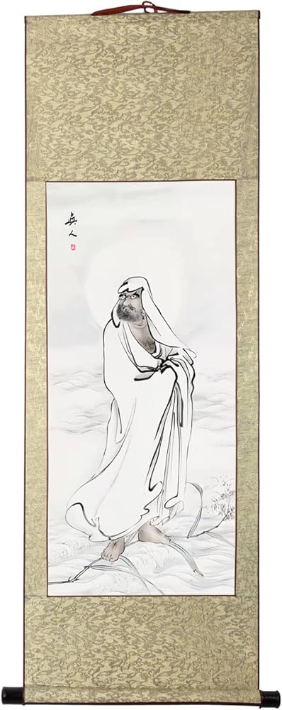 Amazon.co.jp: 肉筆 手描き 水墨画 掛け軸/達磨大師/仏画掛軸 四尺四