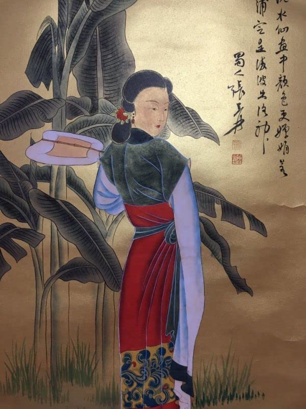 中国古美術 中国書画 近代書画家 〈 張大千 仕女筆図〉掛け軸 肉筆紙本