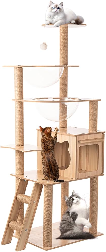 Amazon | LUCKY NAVI キャットタワー 木製 スリム 宇宙船 据え置き 猫