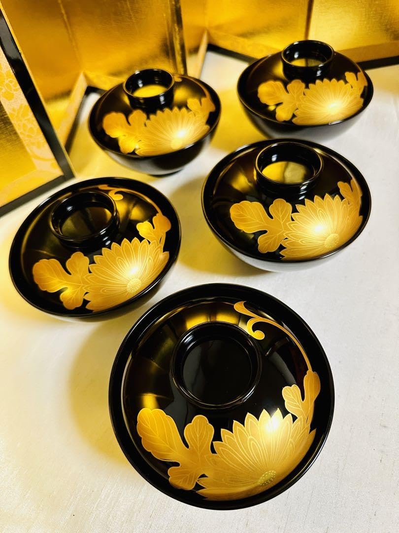 輪島塗木製 お椀 吸物椀 本金 骨董 時代蒔絵 5脚G53 輪島塗木製 お椀