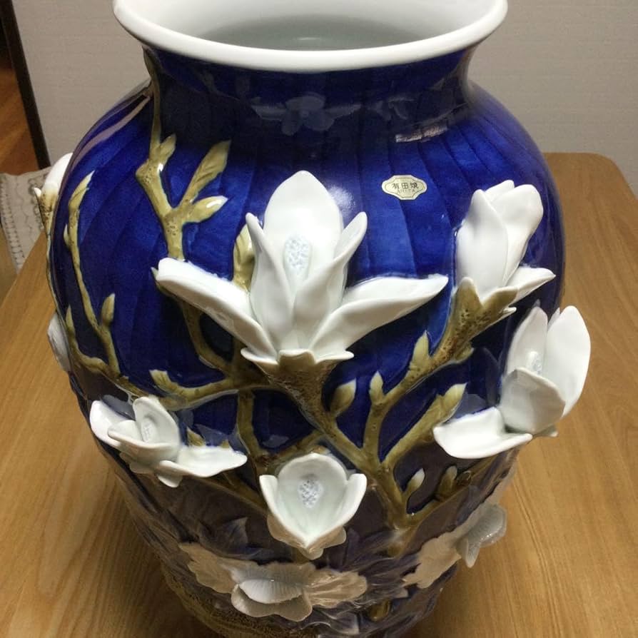☆値下げ！有田焼 花瓶 陶器 花 白 紺 ツルツル 豪華！緒方松右衛門