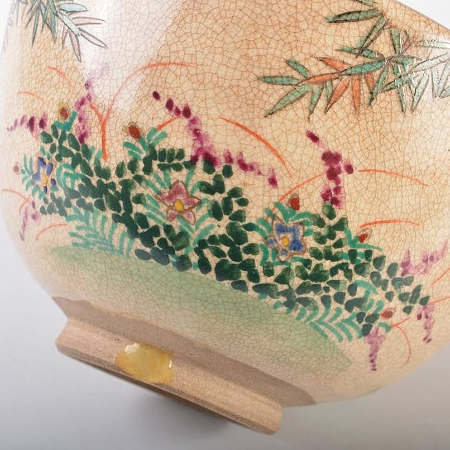 茶道具京焼野々村仁清作色絵竹下群花文茶碗時代箱付MR5269