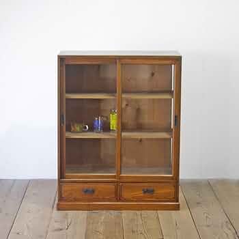 Amazon.co.jp: レトロ食器棚飾り棚本棚収納引き戸ガラス扉無垢材