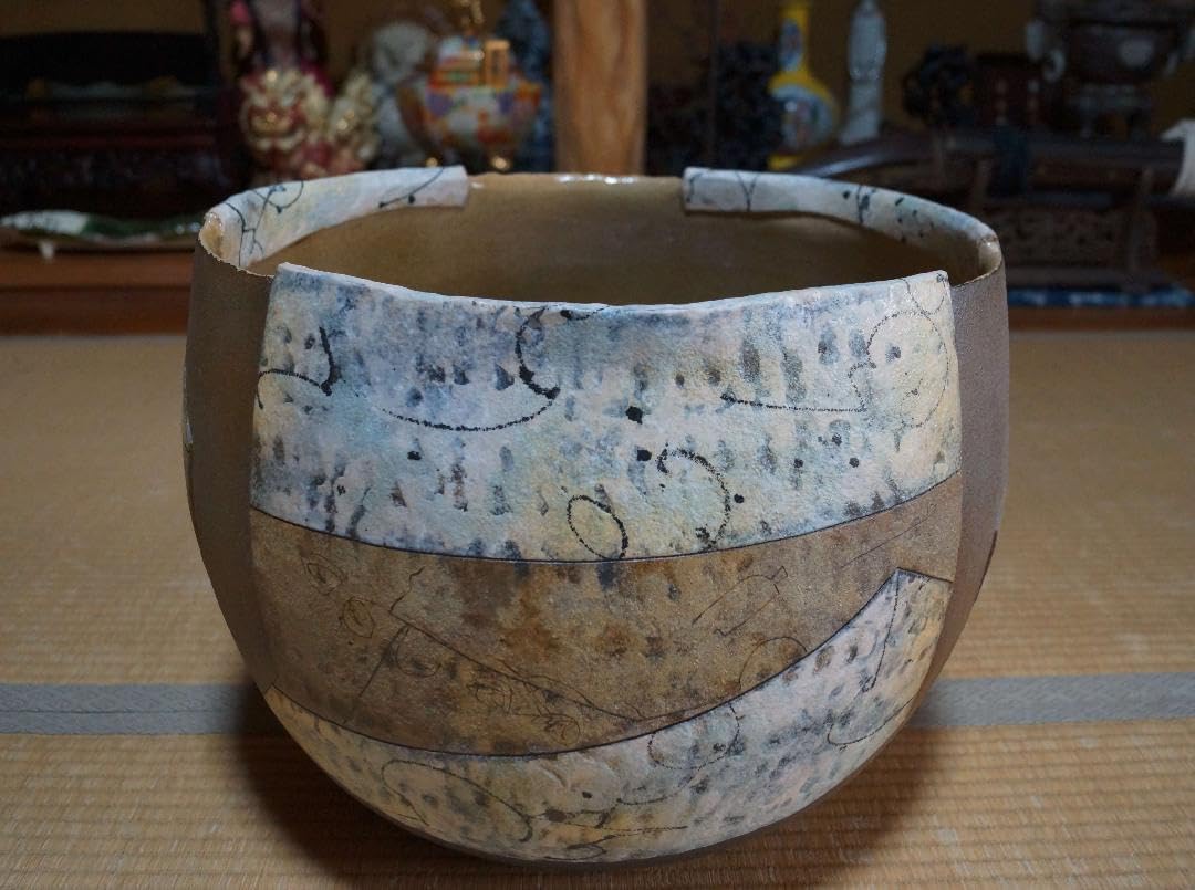 現代陶芸家 人見啓一造 大型造形彩泥深鉢『海底探険』彩