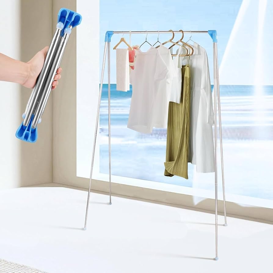 ステンレス製の折りたたみ式物干しスタンド、コンパクトで収納に便利