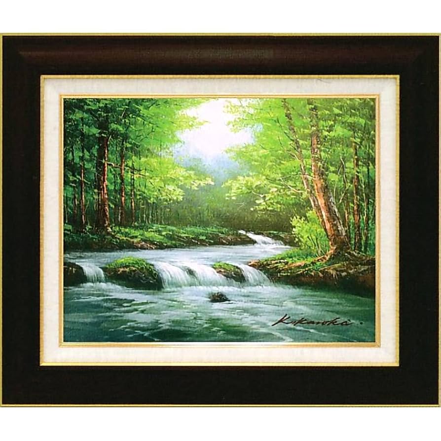 大型油彩画 肉筆 風景画 森林水面 金色額縁 インテリア 美術品 大型