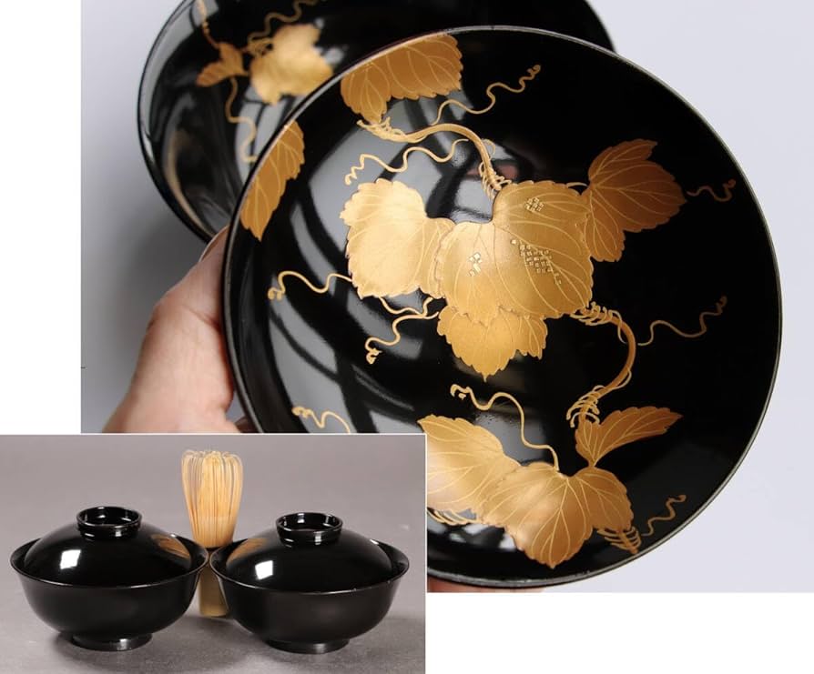 CL77 能登輪島塗 蔦金蒔絵 欅地 木地呂塗 足付四方膳 五客 木製漆器