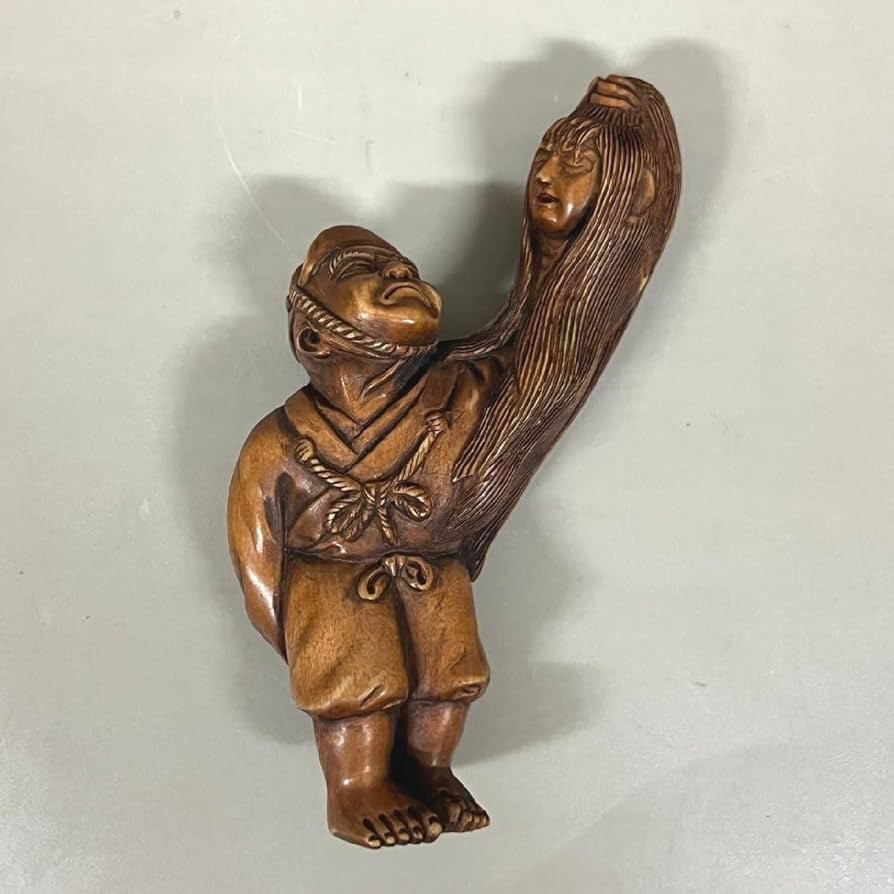 Amazon.co.jp: 柳月 在銘 根付 柘植 人物 妖怪 木製 木彫り 彫刻 全長