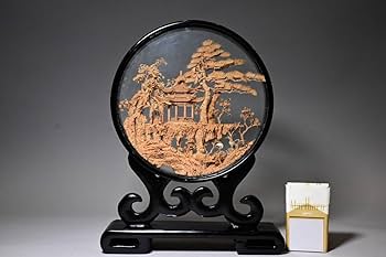 Amazon.co.jp: 中国美術コルク細工細密彫刻楼閣山水松鶴置物ガラス