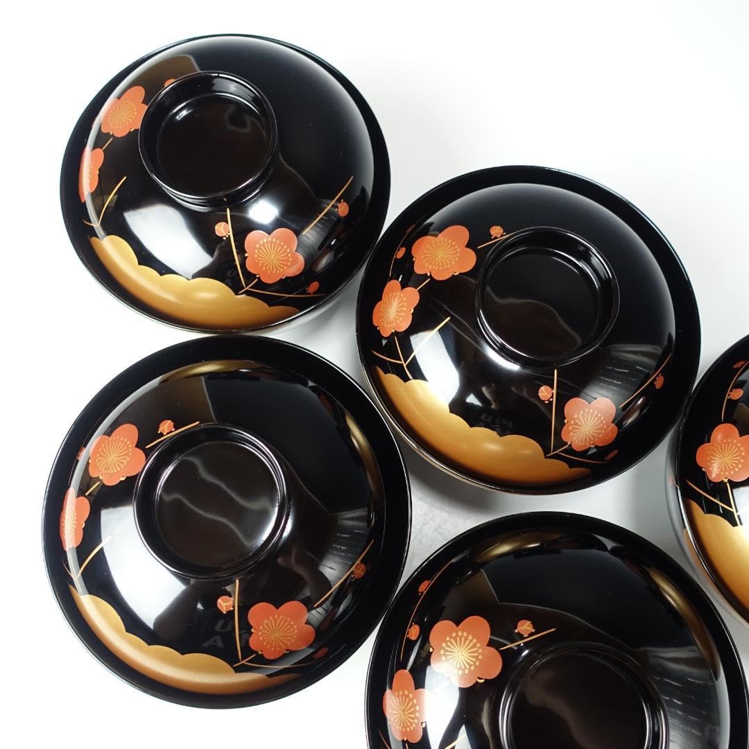 輪島塗 黒塗 梅花蒔絵 吸物椀 5客 共箱 輪島塗 黒塗 梅花蒔絵 吸物椀 5