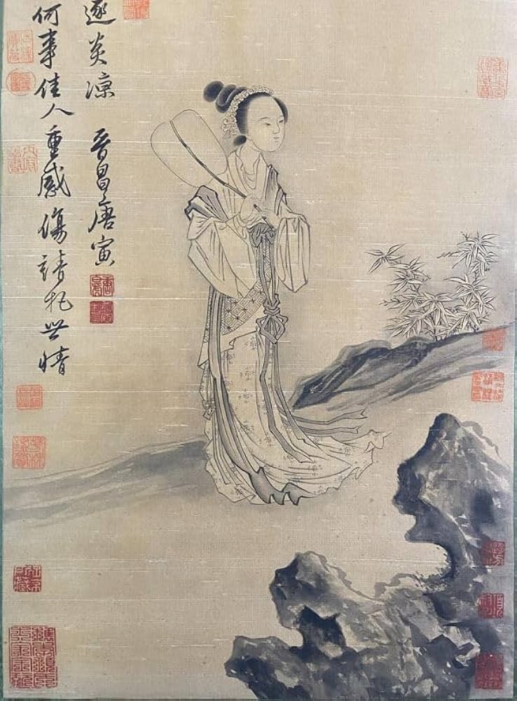 中国古美術 明代 仇英款 人物画 掛軸 絹布 唐物 古画 名家書画 水彩画