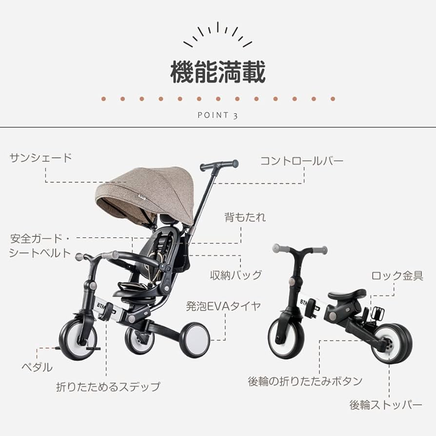 Amazon.co.jp: BTM 子供用三輪車 折りたたみカバー 手押し棒付き 7in1